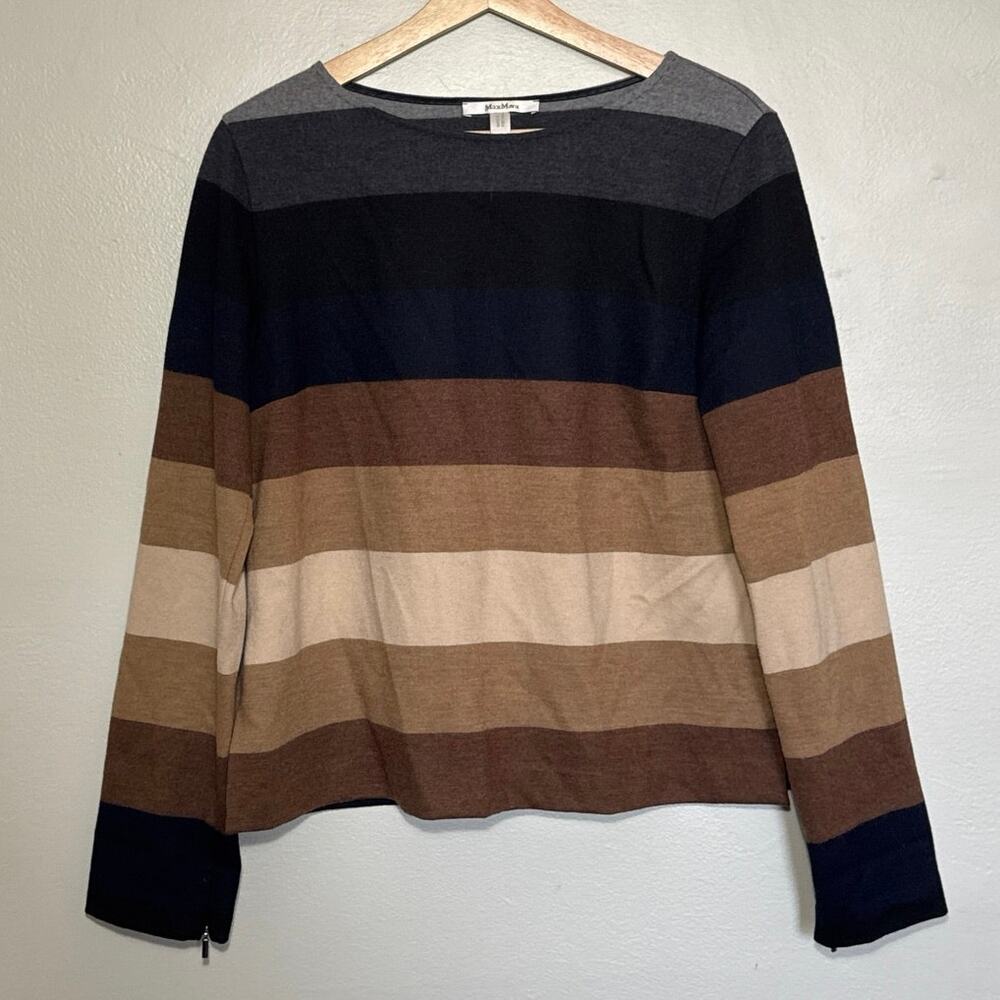 Women's Size M Max Mara Striped Neutral 100% Wool Sweater with Zipper Sleeves